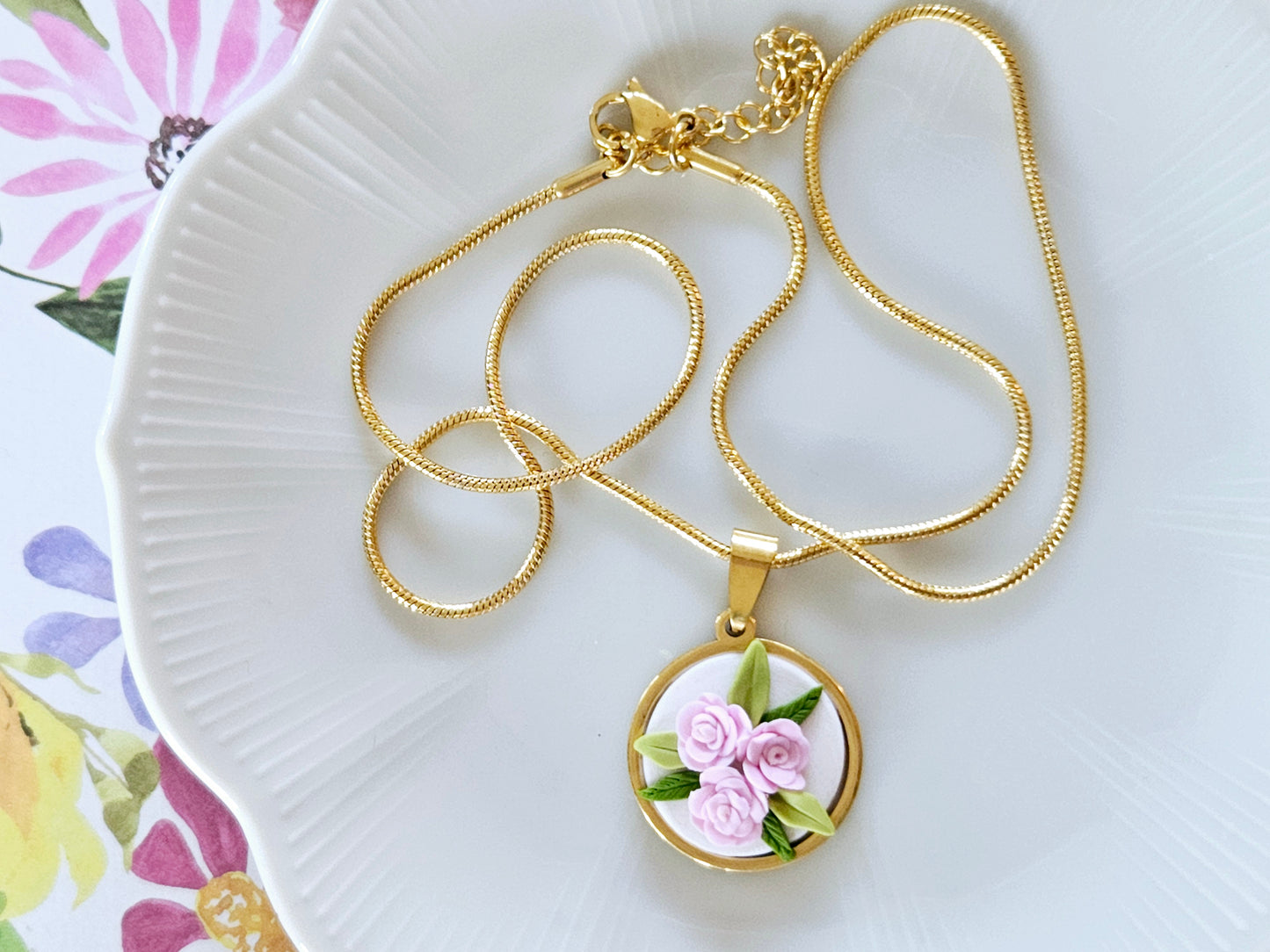 Pink Rose Necklace Gold Tone