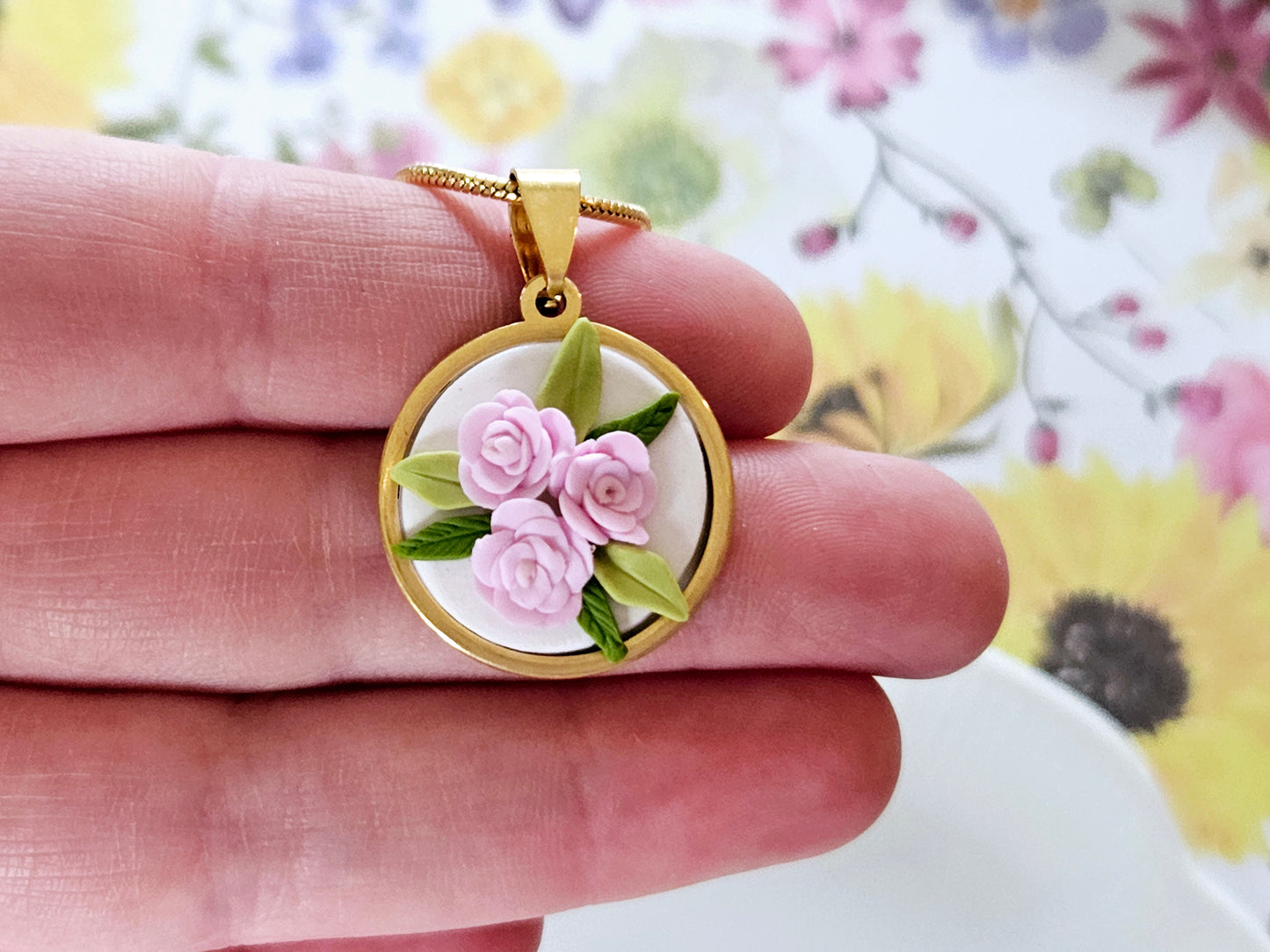 Pink Rose Necklace Gold Tone