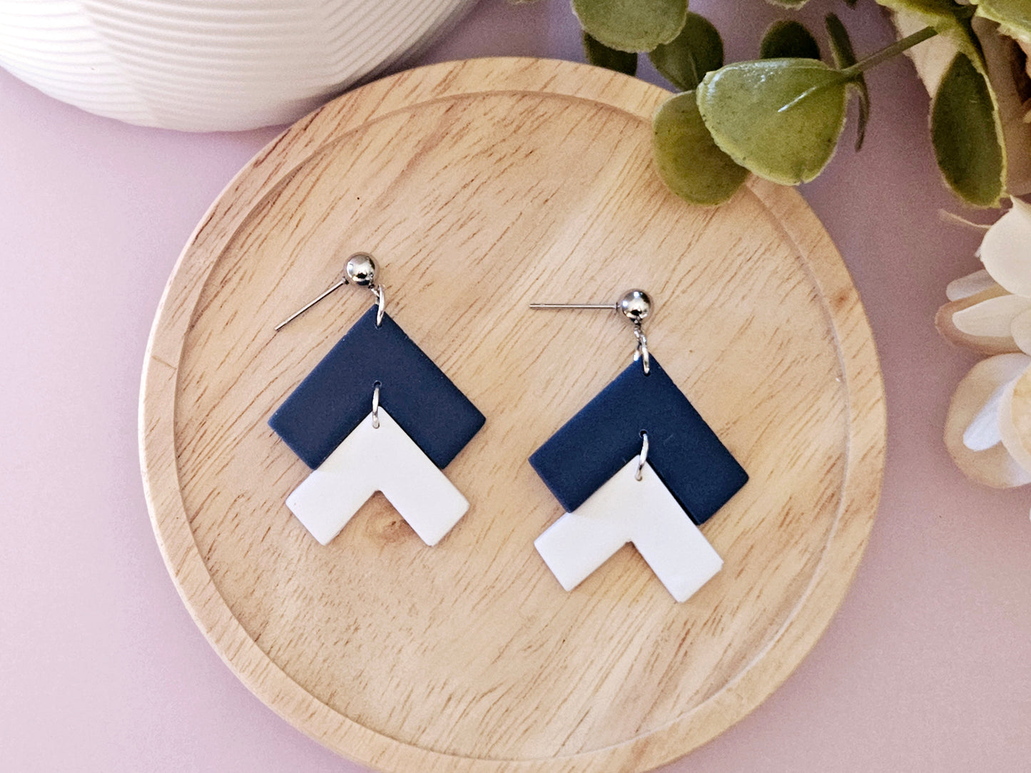 Arrow Navy and White Stud Back Earrings