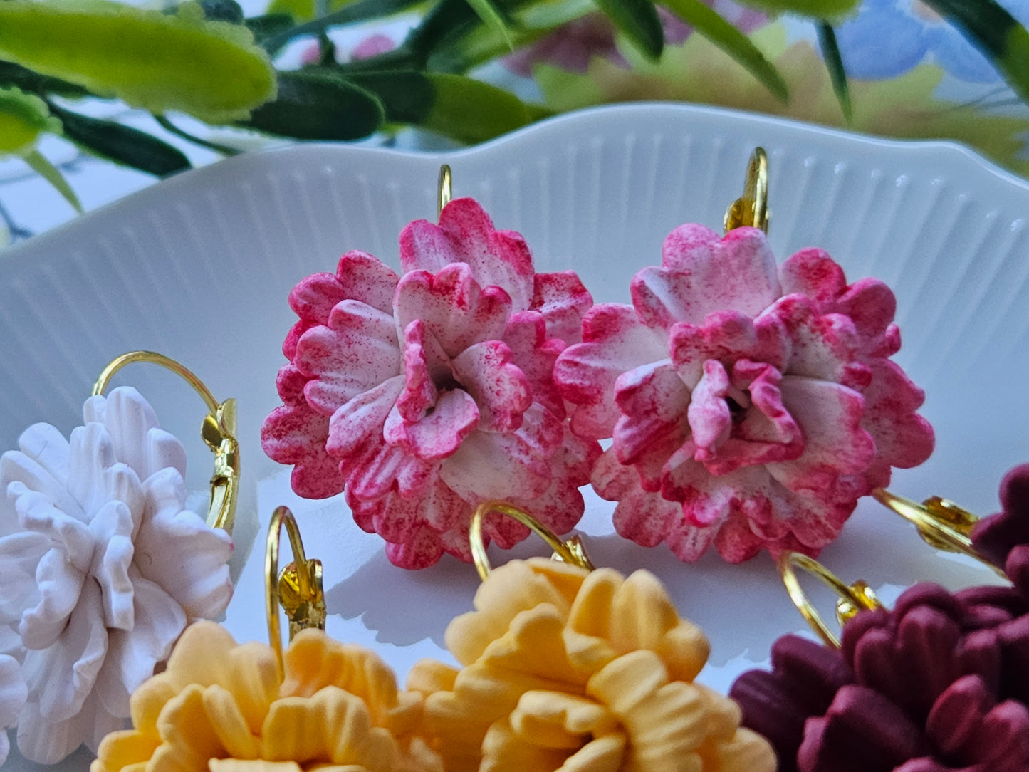 Carnation White and Pink Earrings