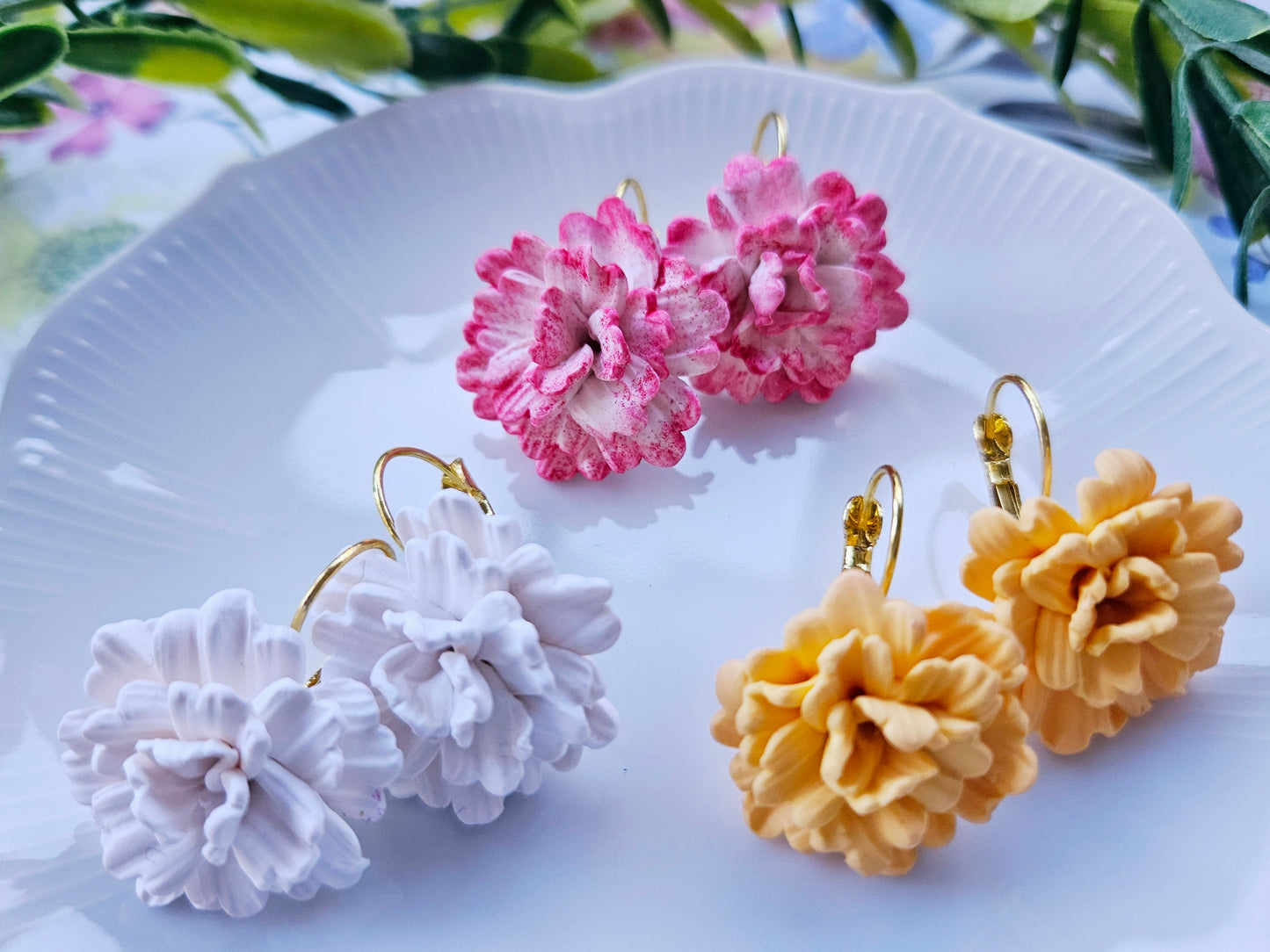 Carnation White and Pink Earrings