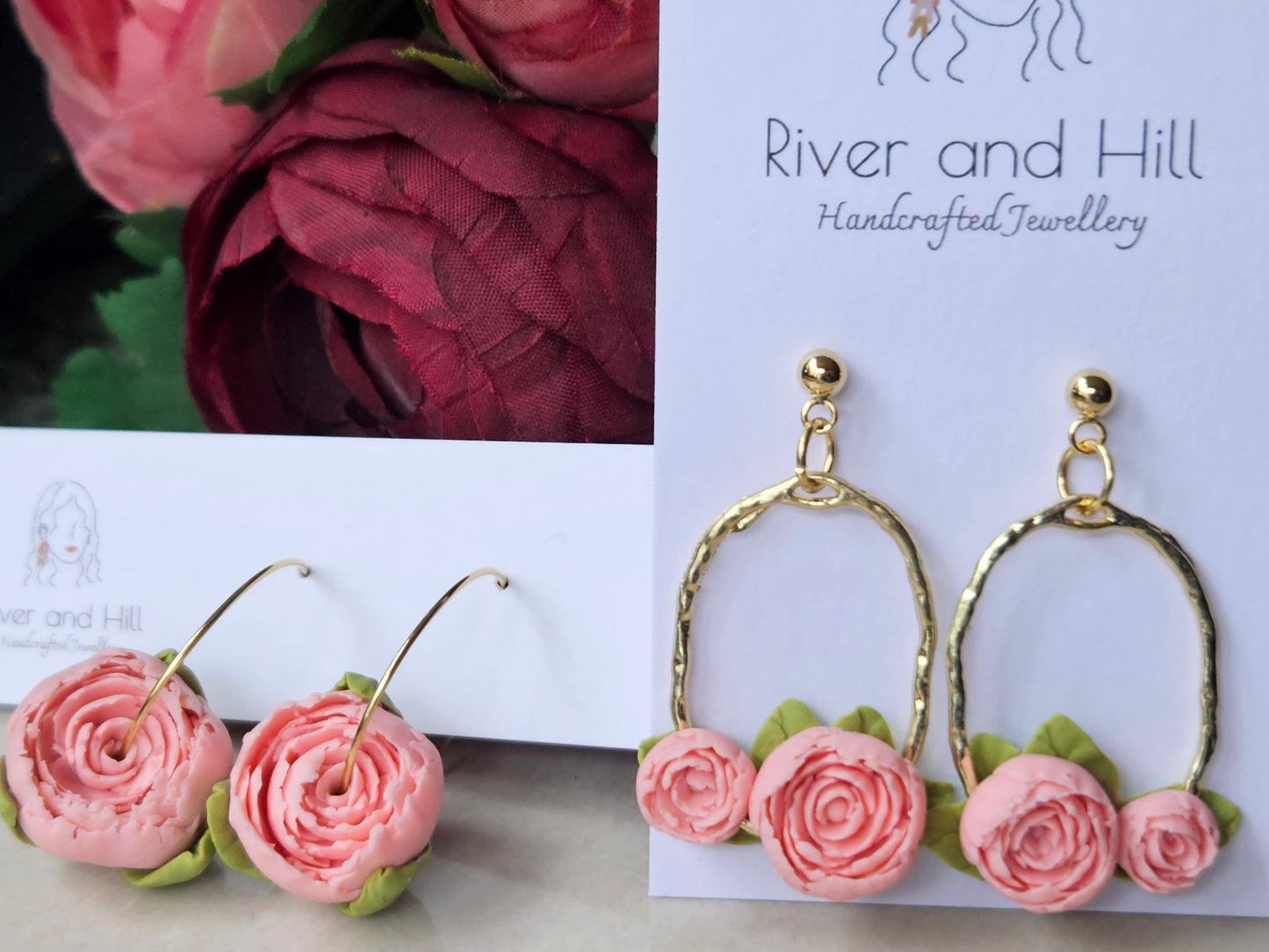 Peonies Gold Oval Earrings