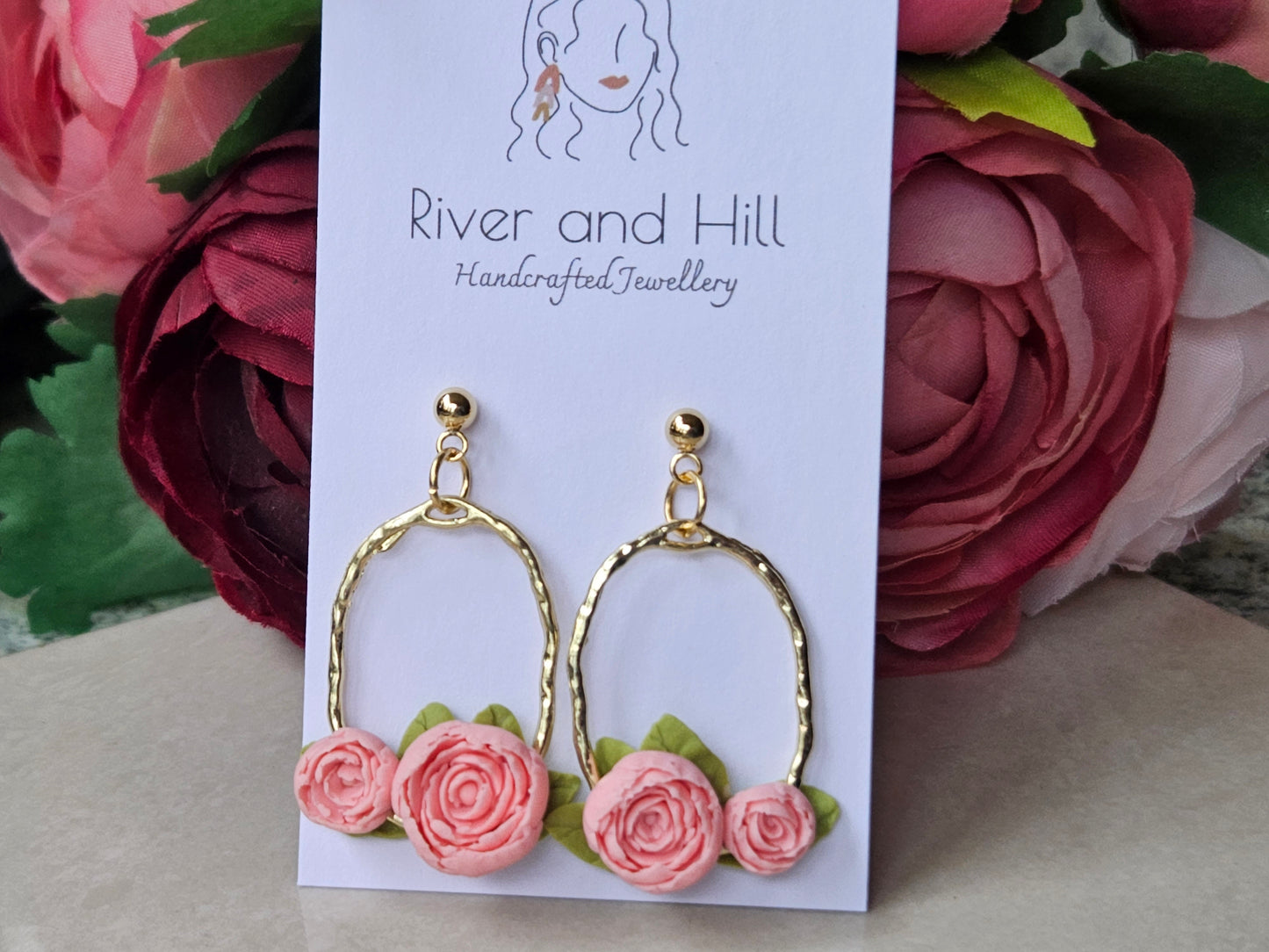 Peonies Gold Oval Earrings