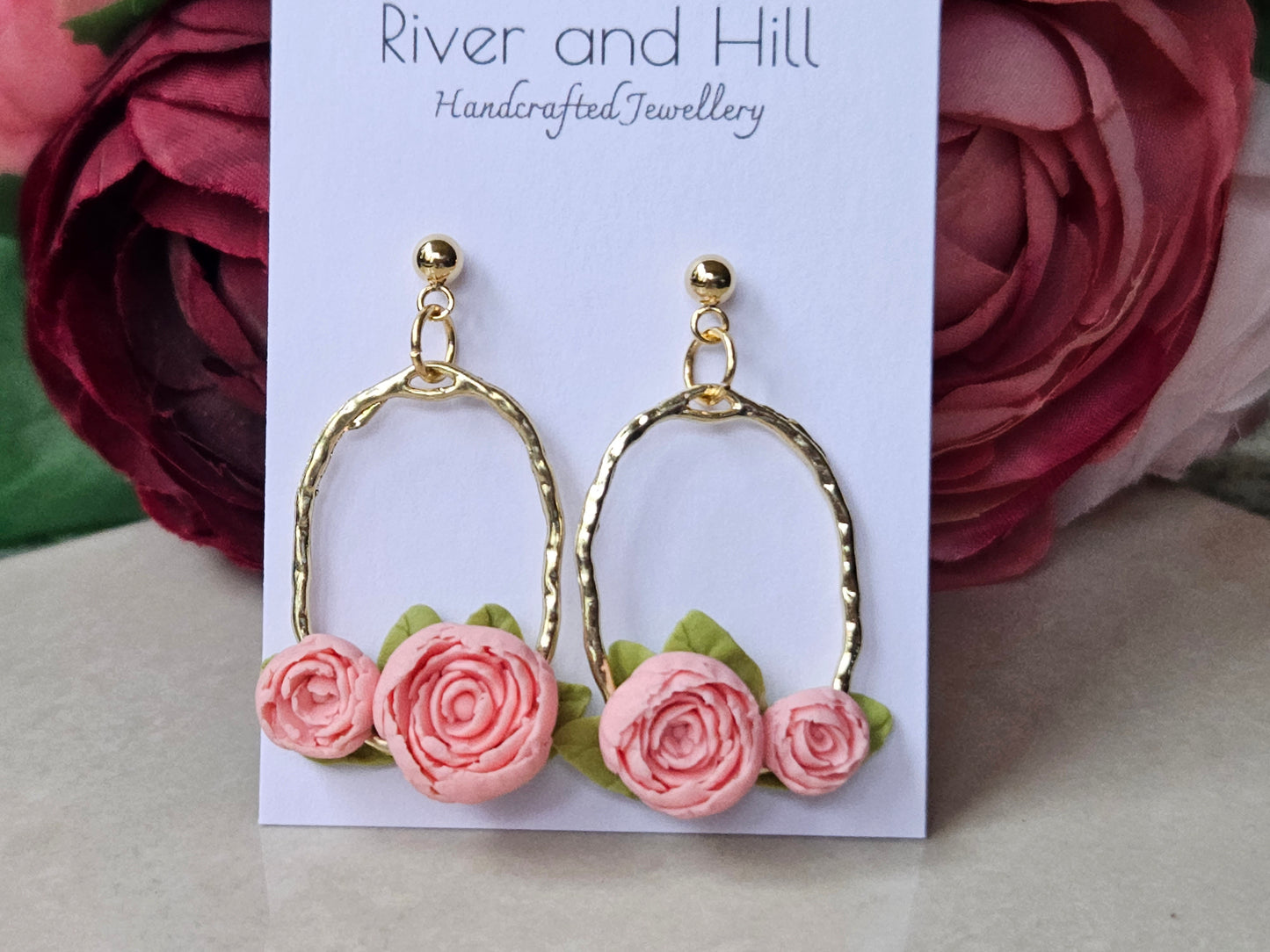 Peonies Gold Oval Earrings