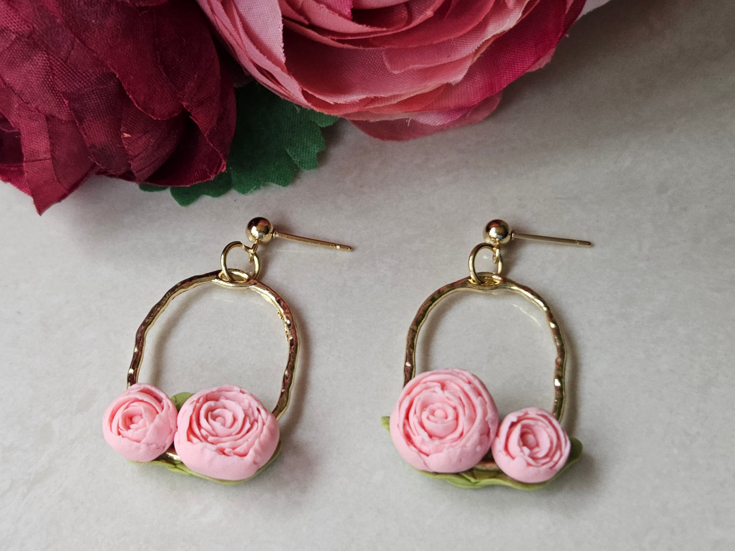 Peonies Gold Oval Earrings