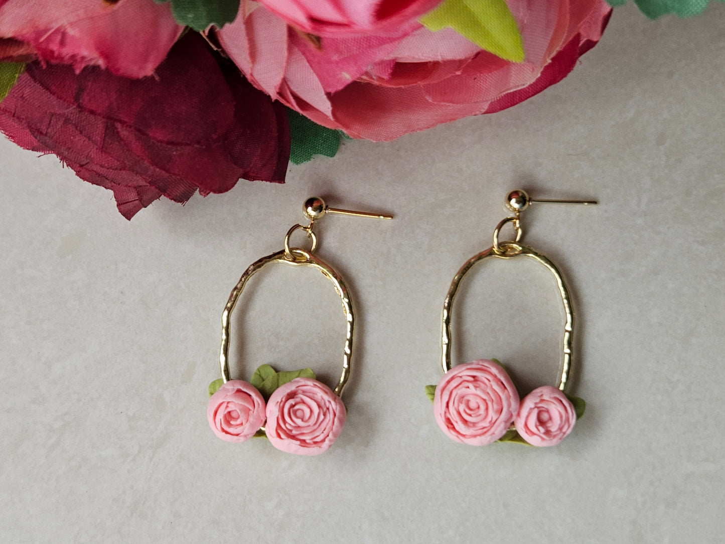 Peonies Gold Oval Earrings