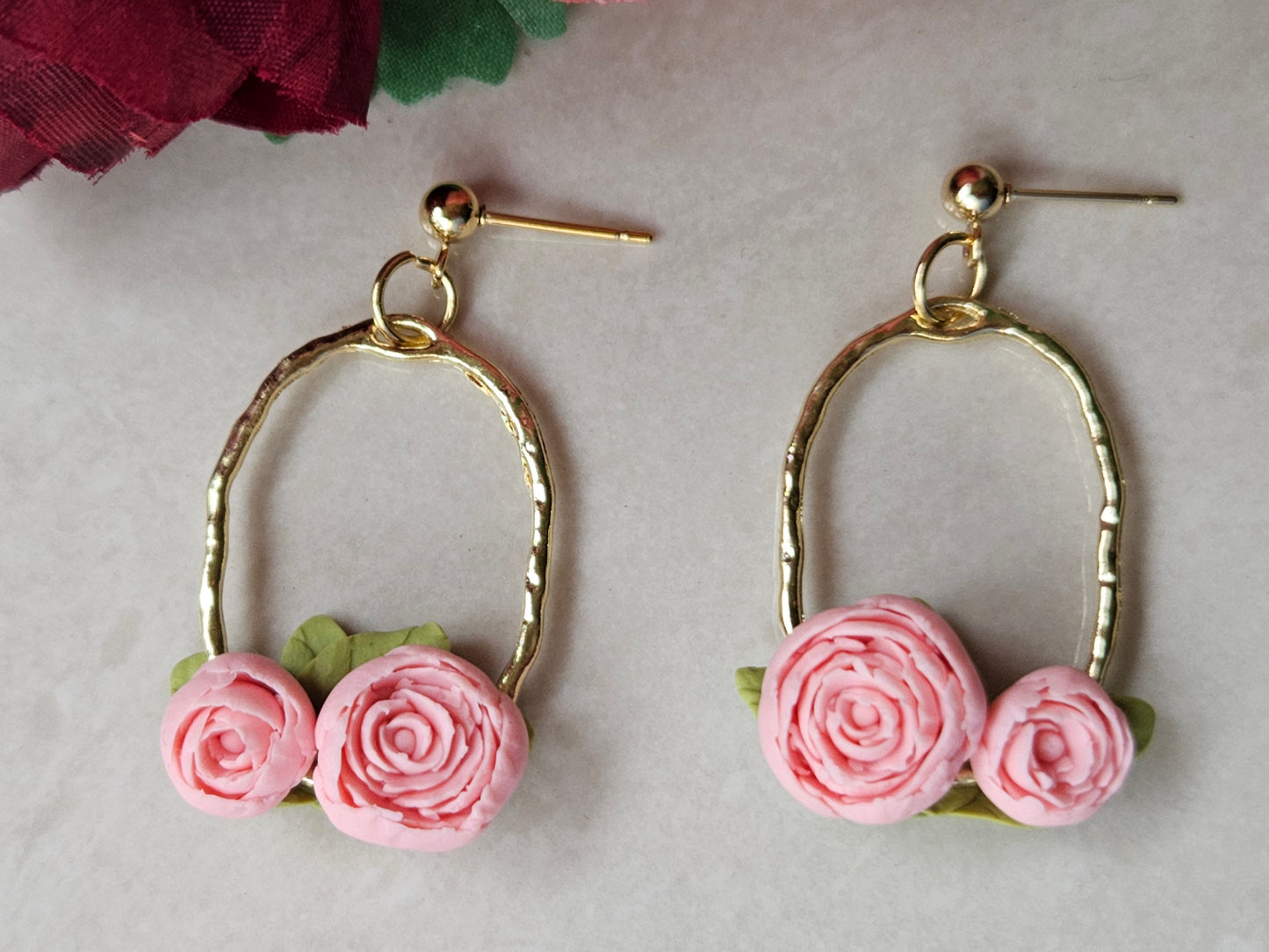 Peonies Gold Oval Earrings