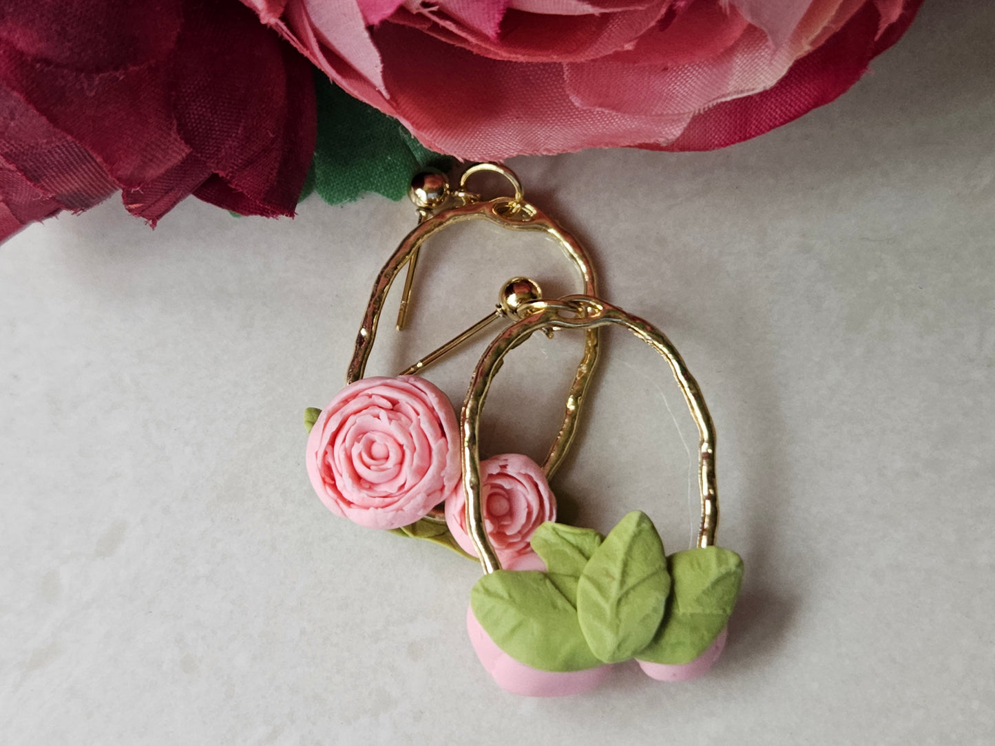 Peonies Gold Oval Earrings