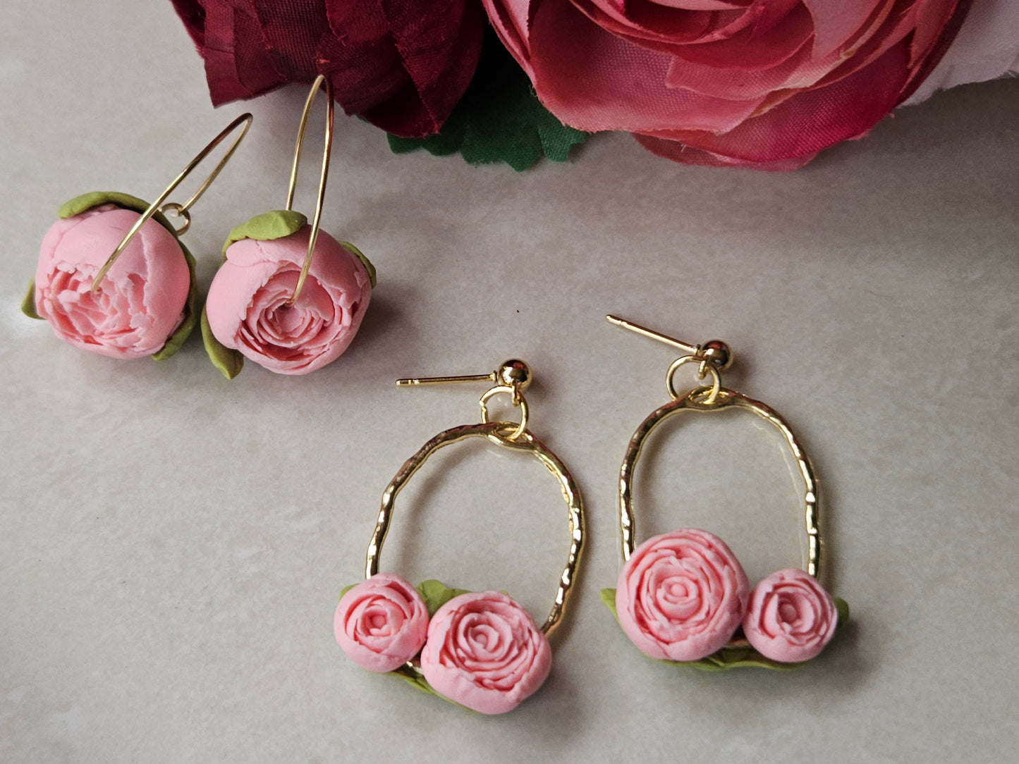 Peonies Gold Oval Earrings