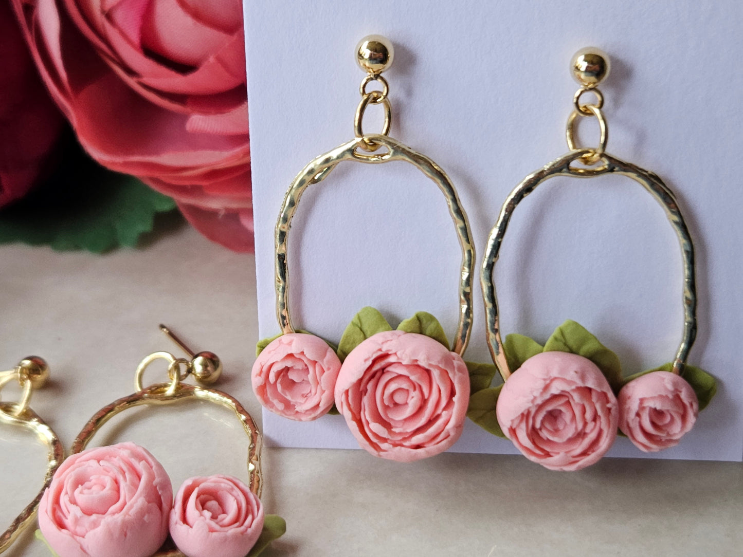 Peonies Gold Oval Earrings