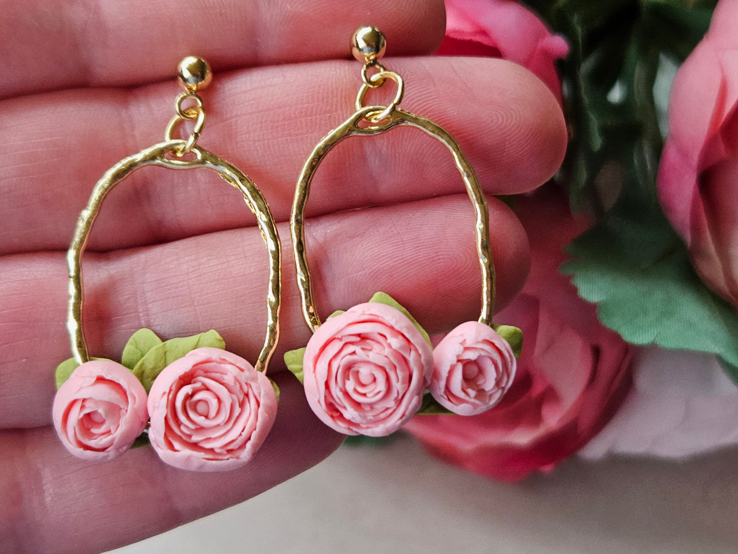 Peonies Gold Oval Earrings