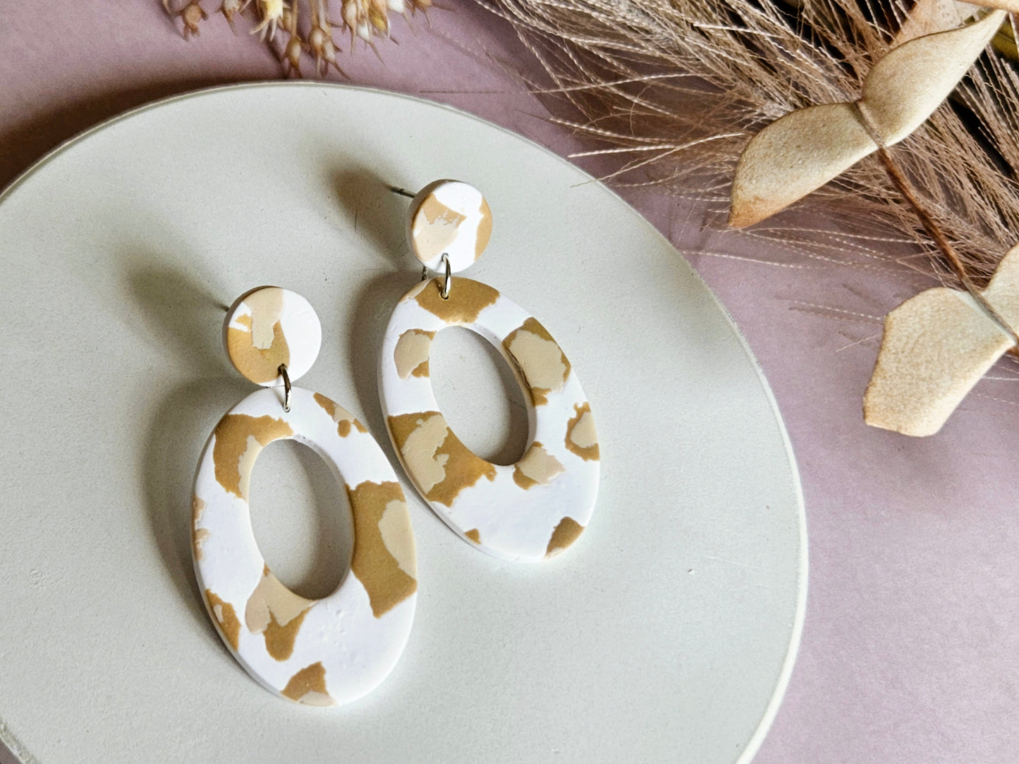 Leopard Print Oval White and Tan Earrings