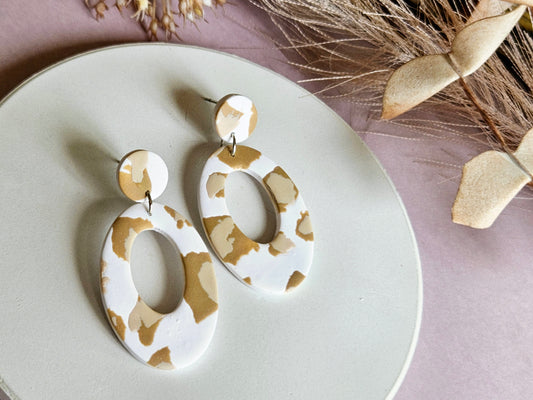 Leopard Print Oval White and Tan Earrings