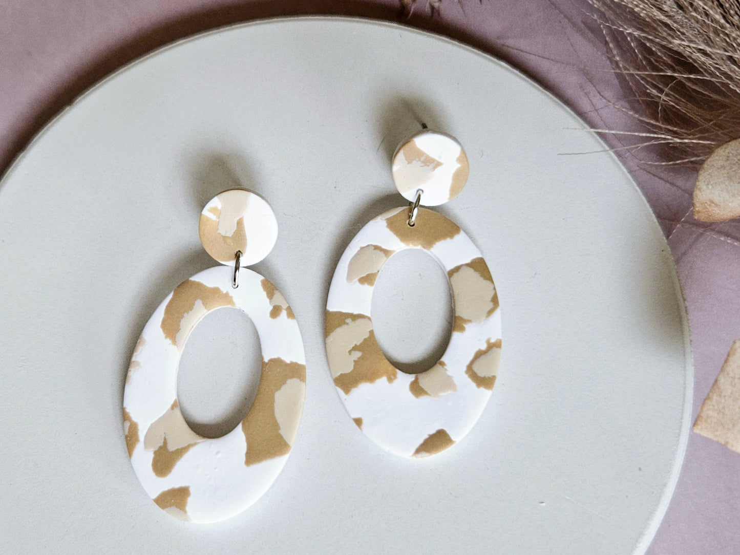 Leopard Print Oval White and Tan Earrings