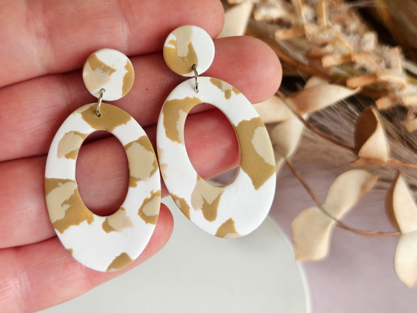 Leopard Print Oval White and Tan Earrings