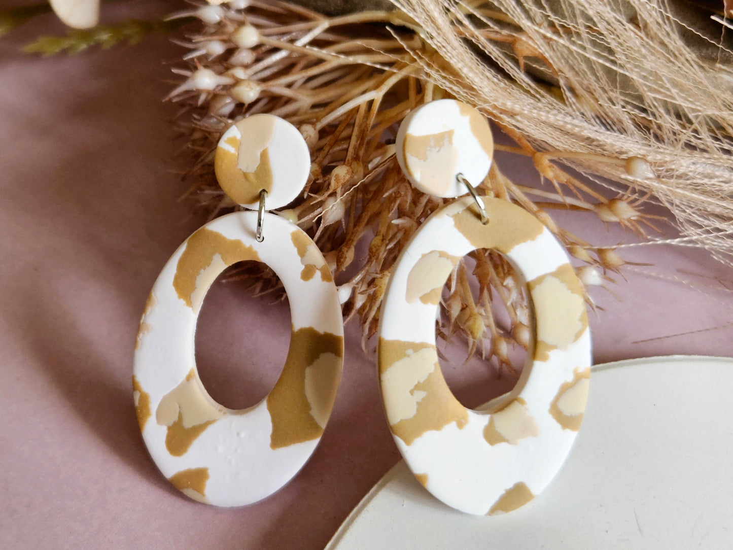 Leopard Print Oval White and Tan Earrings