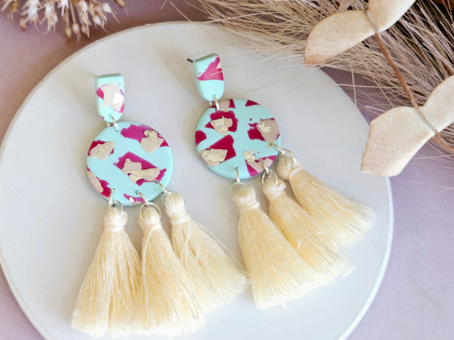 Leopard Print Mint Tassel Earrings