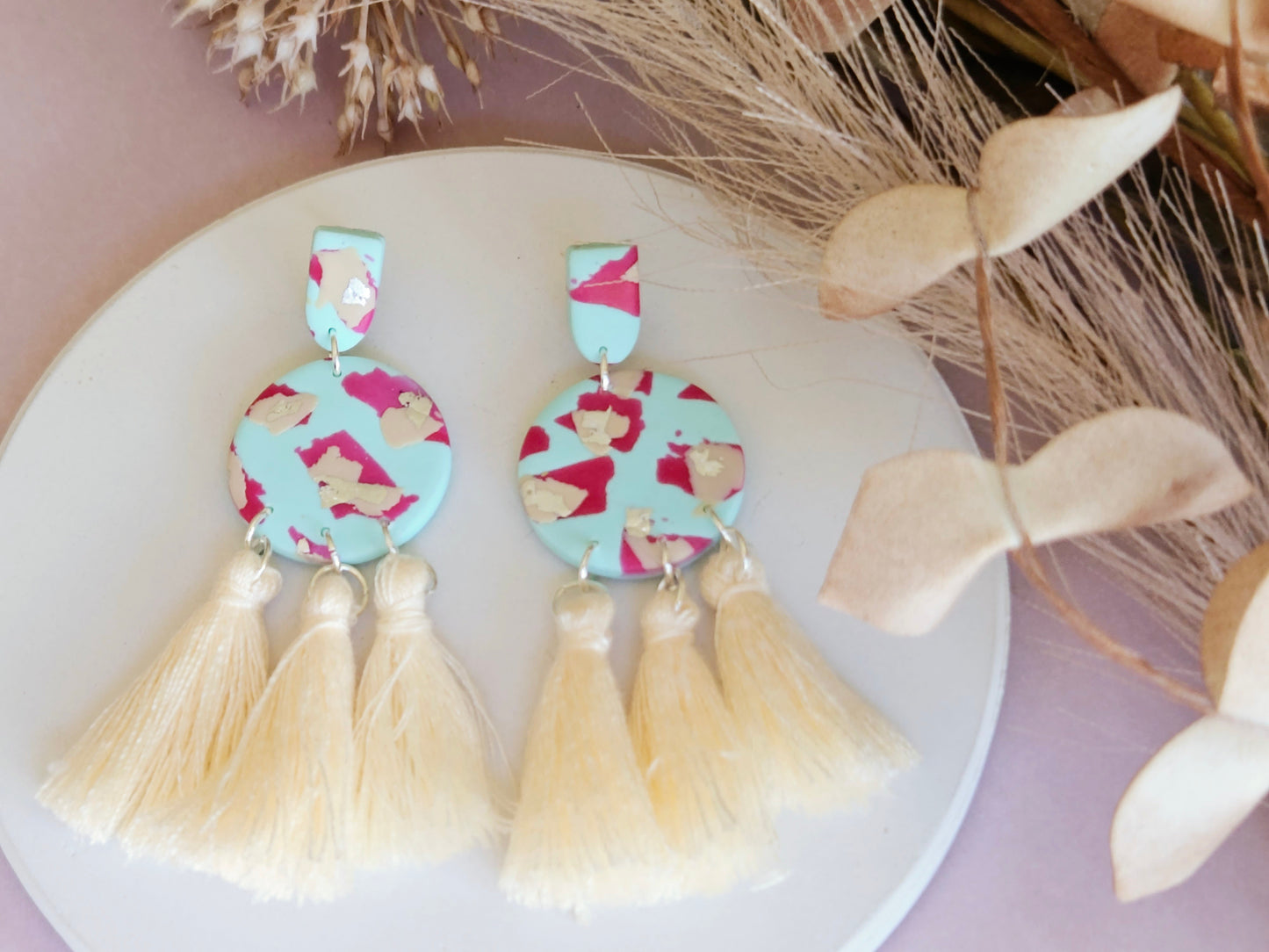 Leopard Print Mint Tassel Earrings