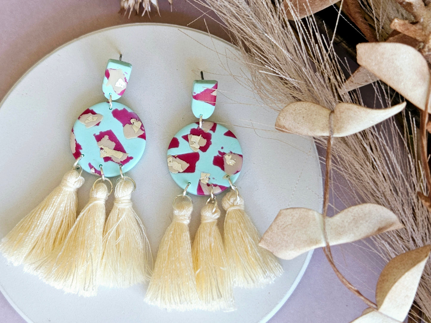 Leopard Print Mint Tassel Earrings