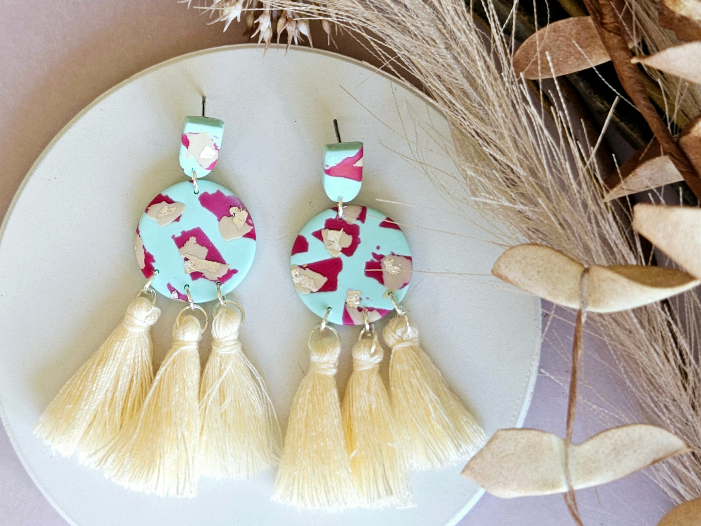 Leopard Print Mint Tassel Earrings