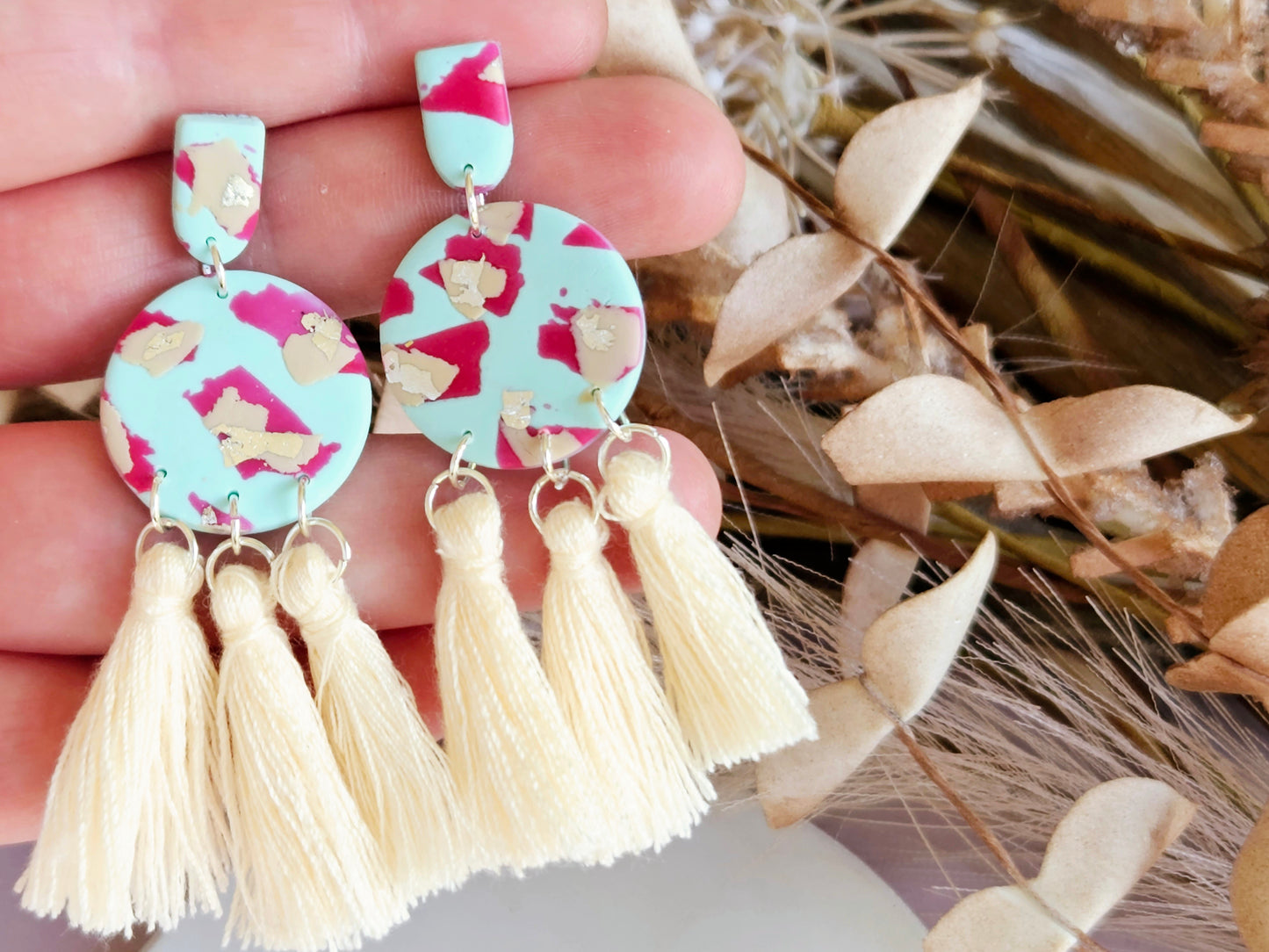 Leopard Print Mint Tassel Earrings