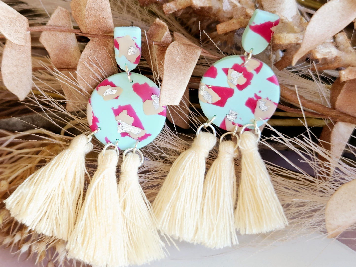 Leopard Print Mint Tassel Earrings