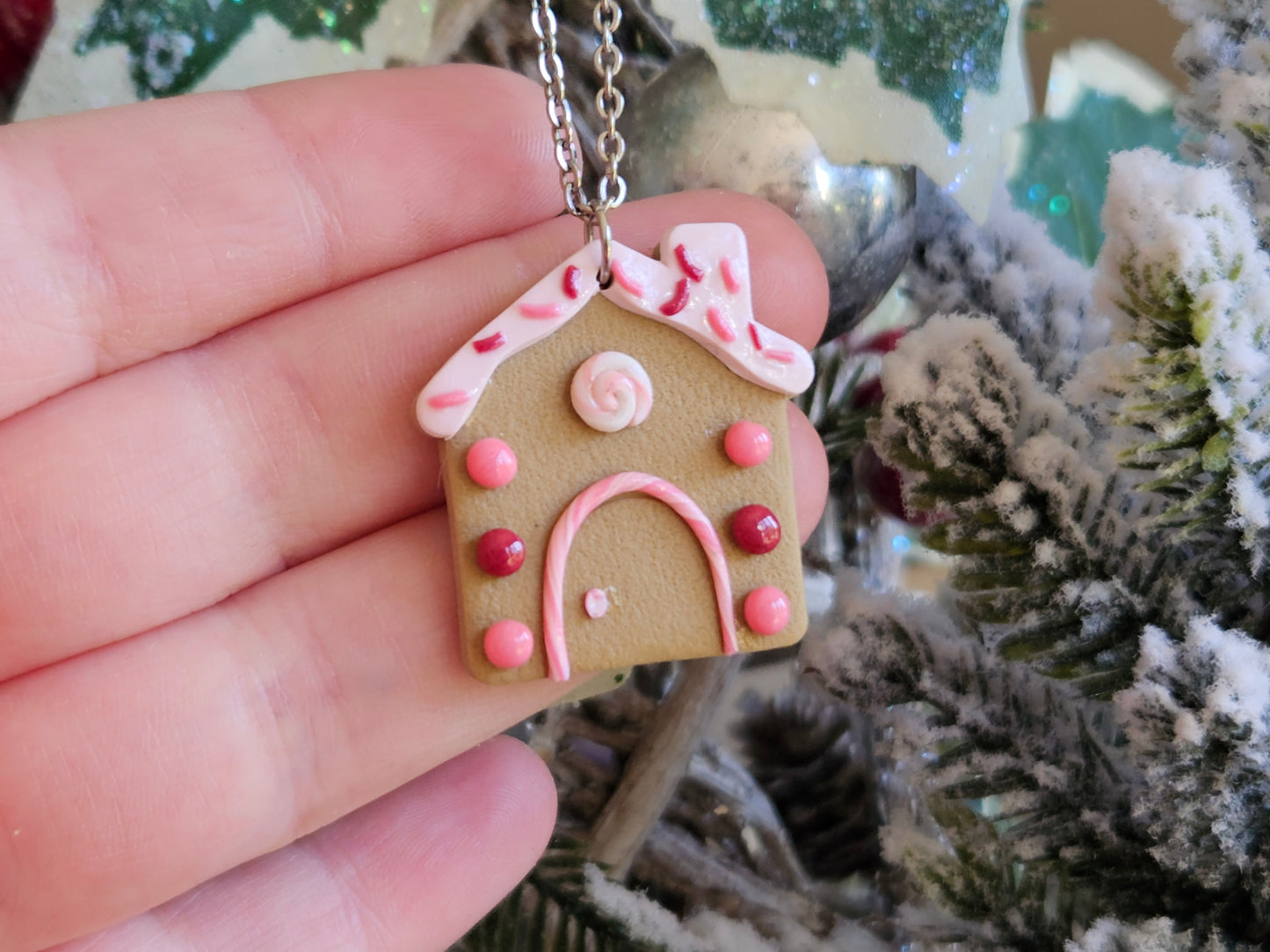 Pinkmas Gingerbread House Necklace