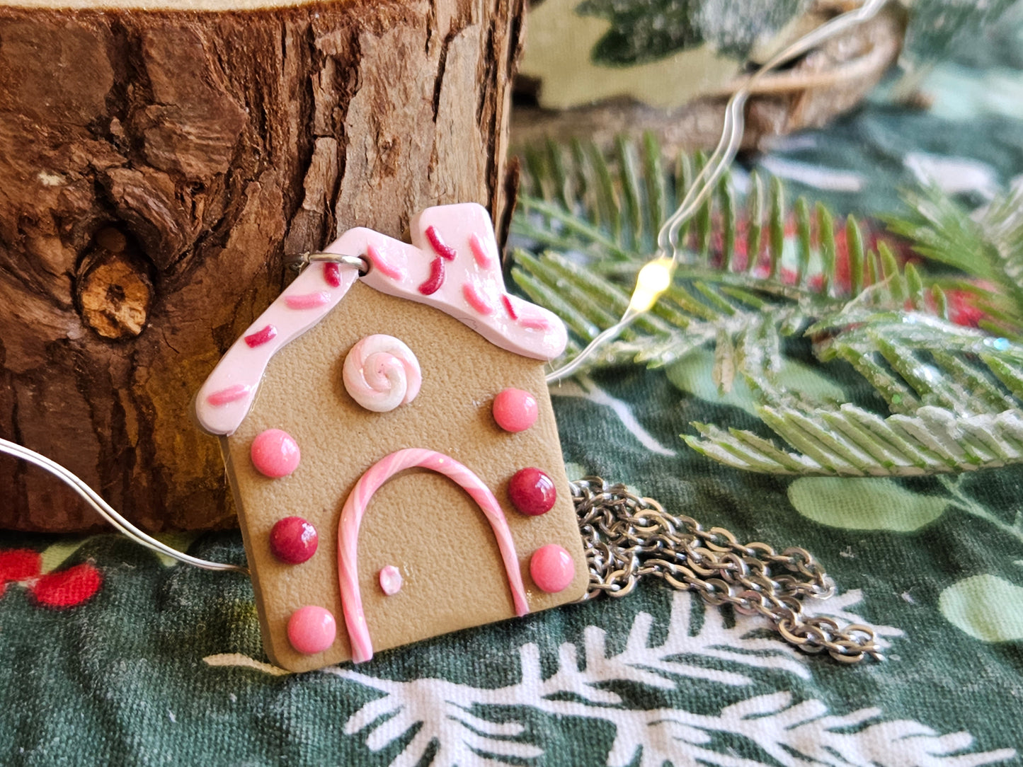 Pinkmas Gingerbread House Necklace