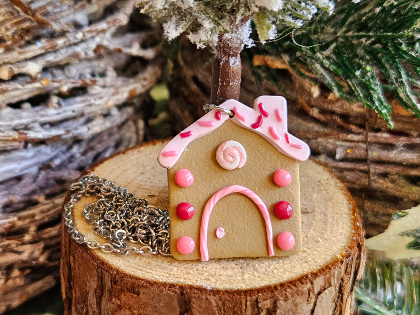 Pinkmas Gingerbread House Necklace