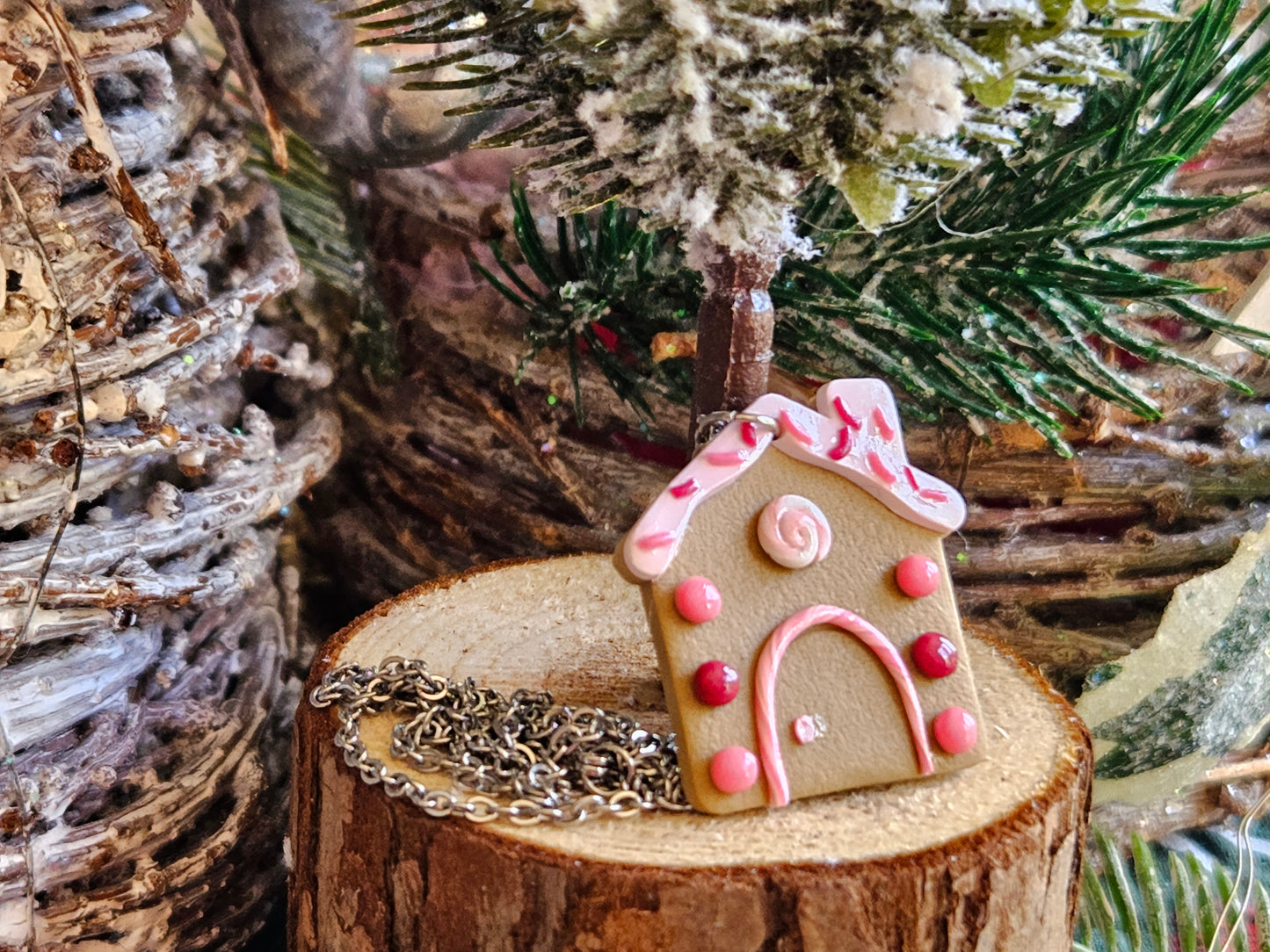 Pinkmas Gingerbread House Necklace