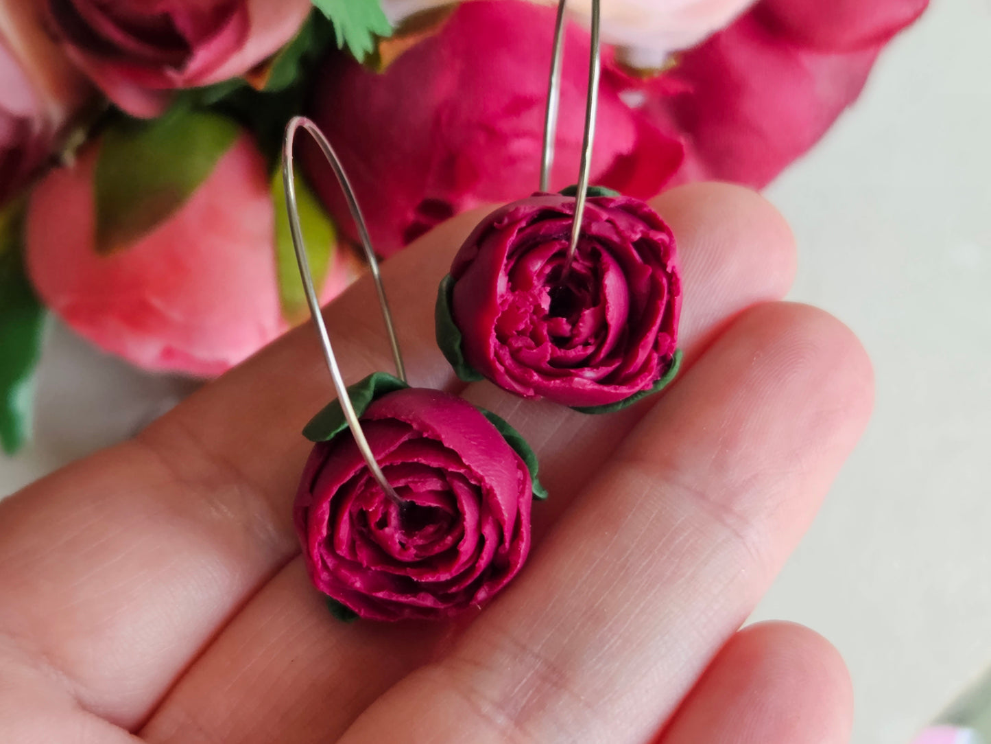 Peonies Silver Hoops