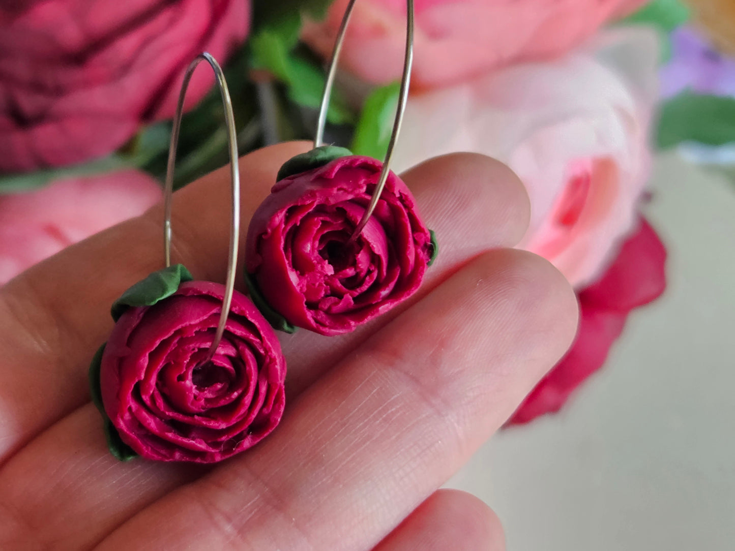 Peonies Silver Hoops