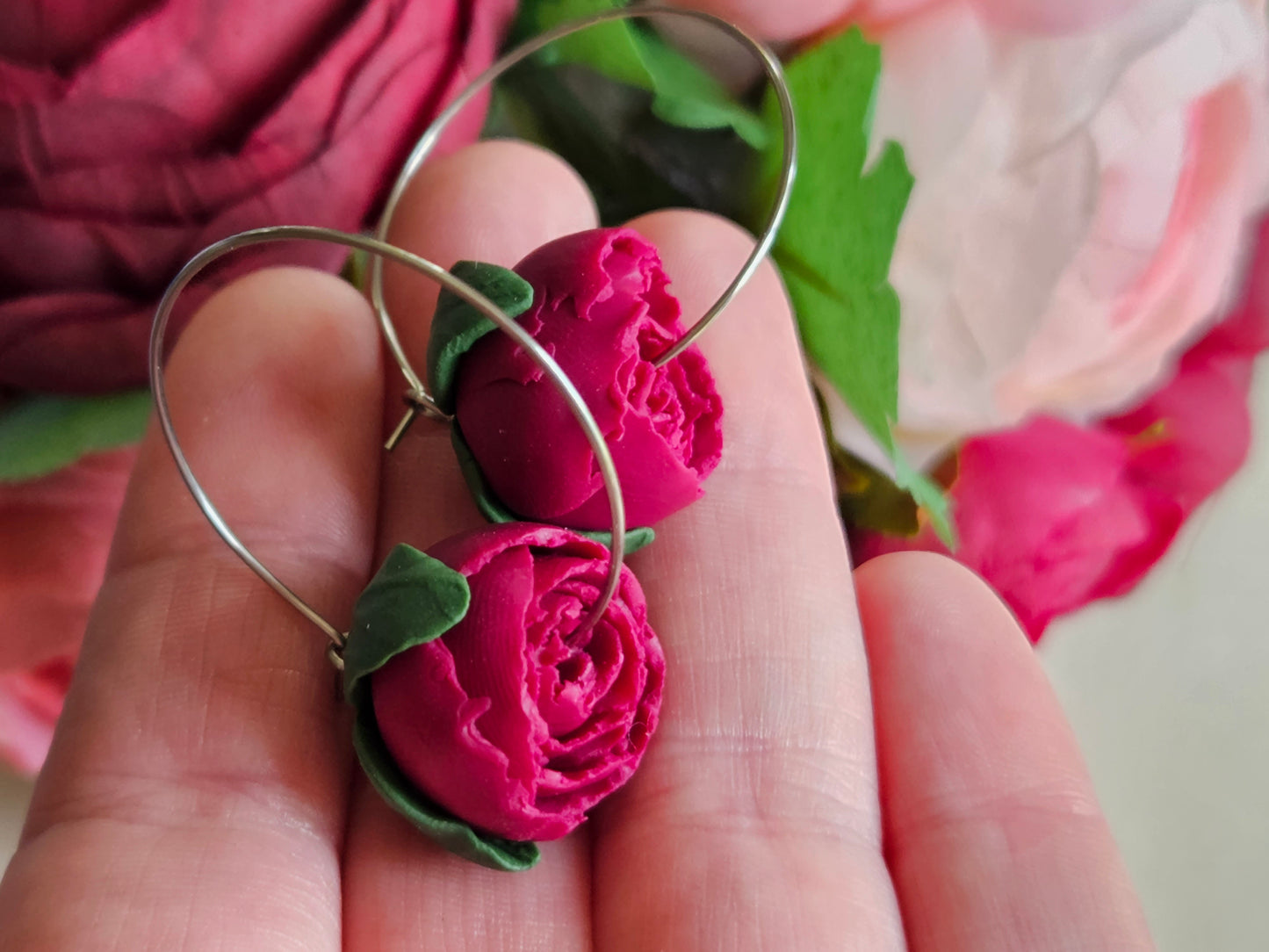 Peonies Silver Hoops