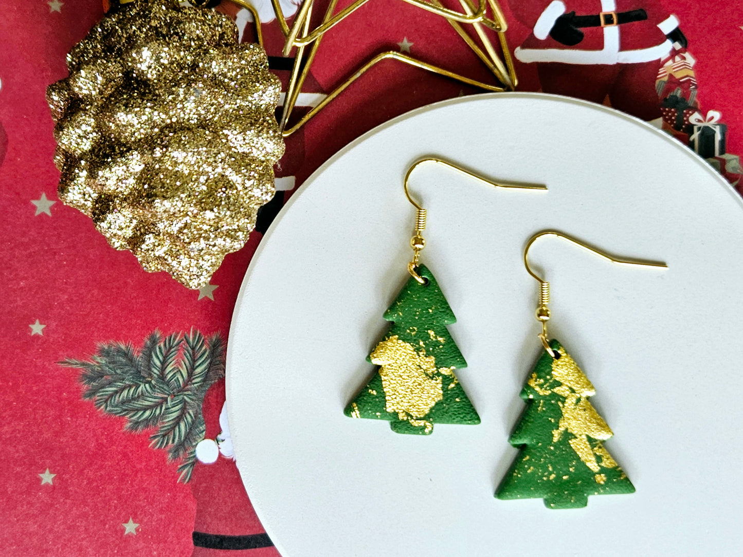 Christmas Green Gold Flake Hook Earrings