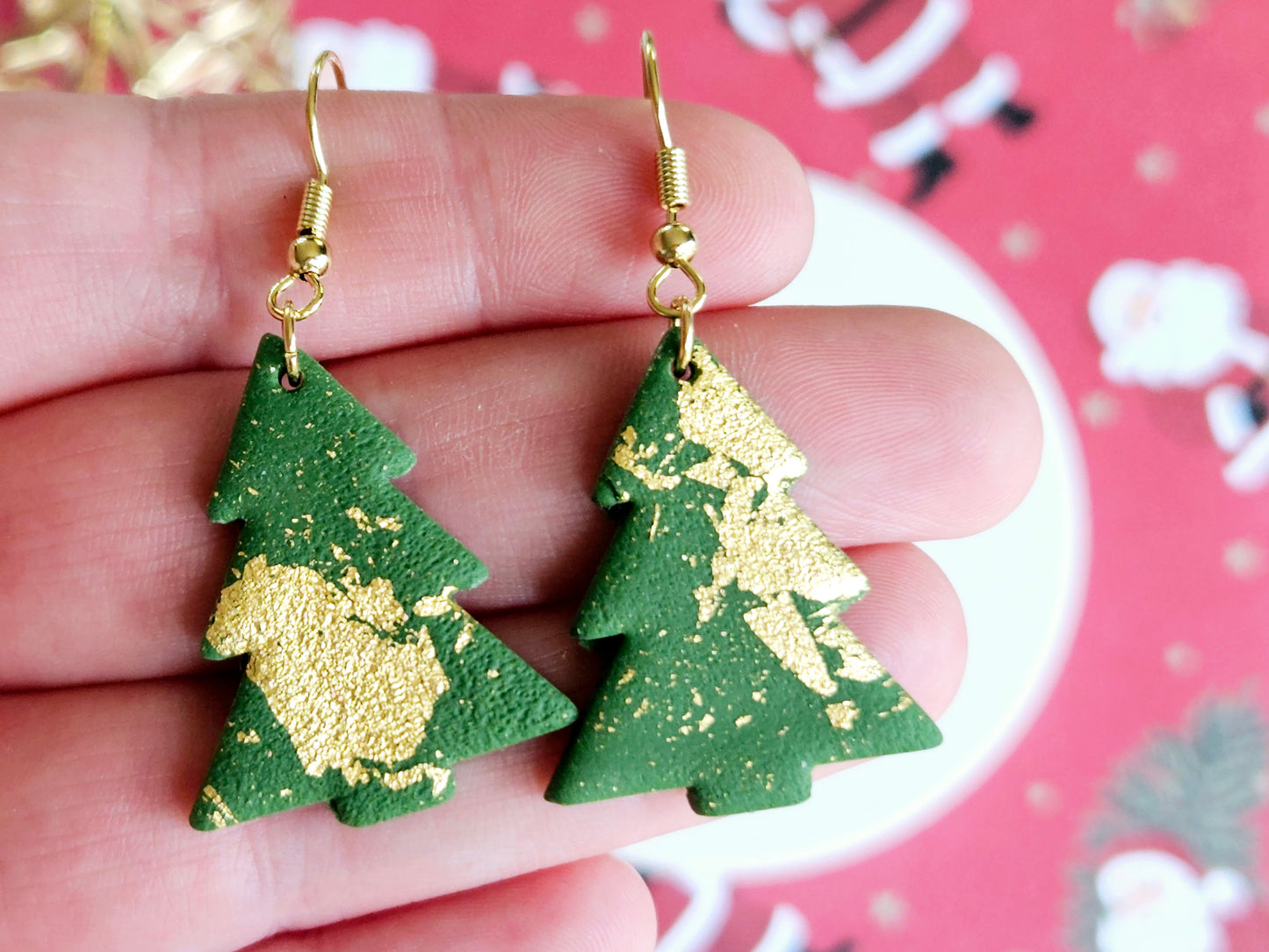 Christmas Green Gold Flake Hook Earrings