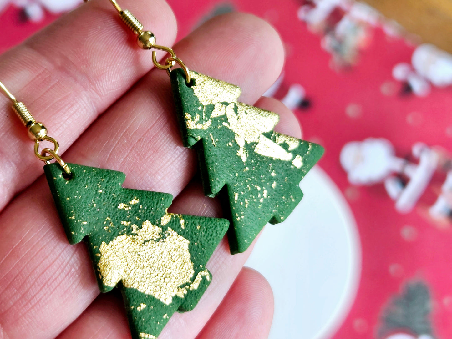 Christmas Green Gold Flake Hook Earrings