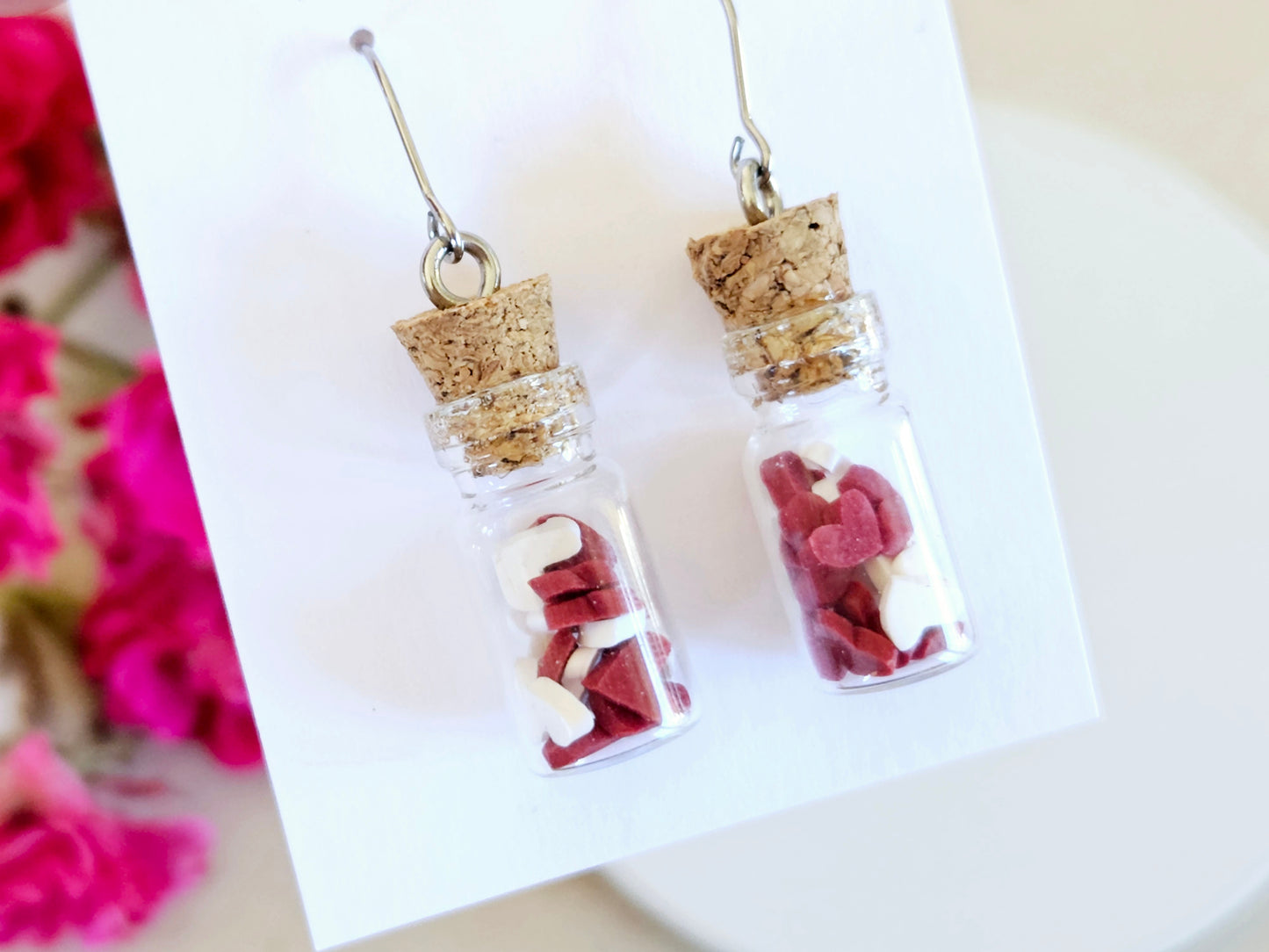 Hearts Collection Red and White Candy Heart Jar Earrings