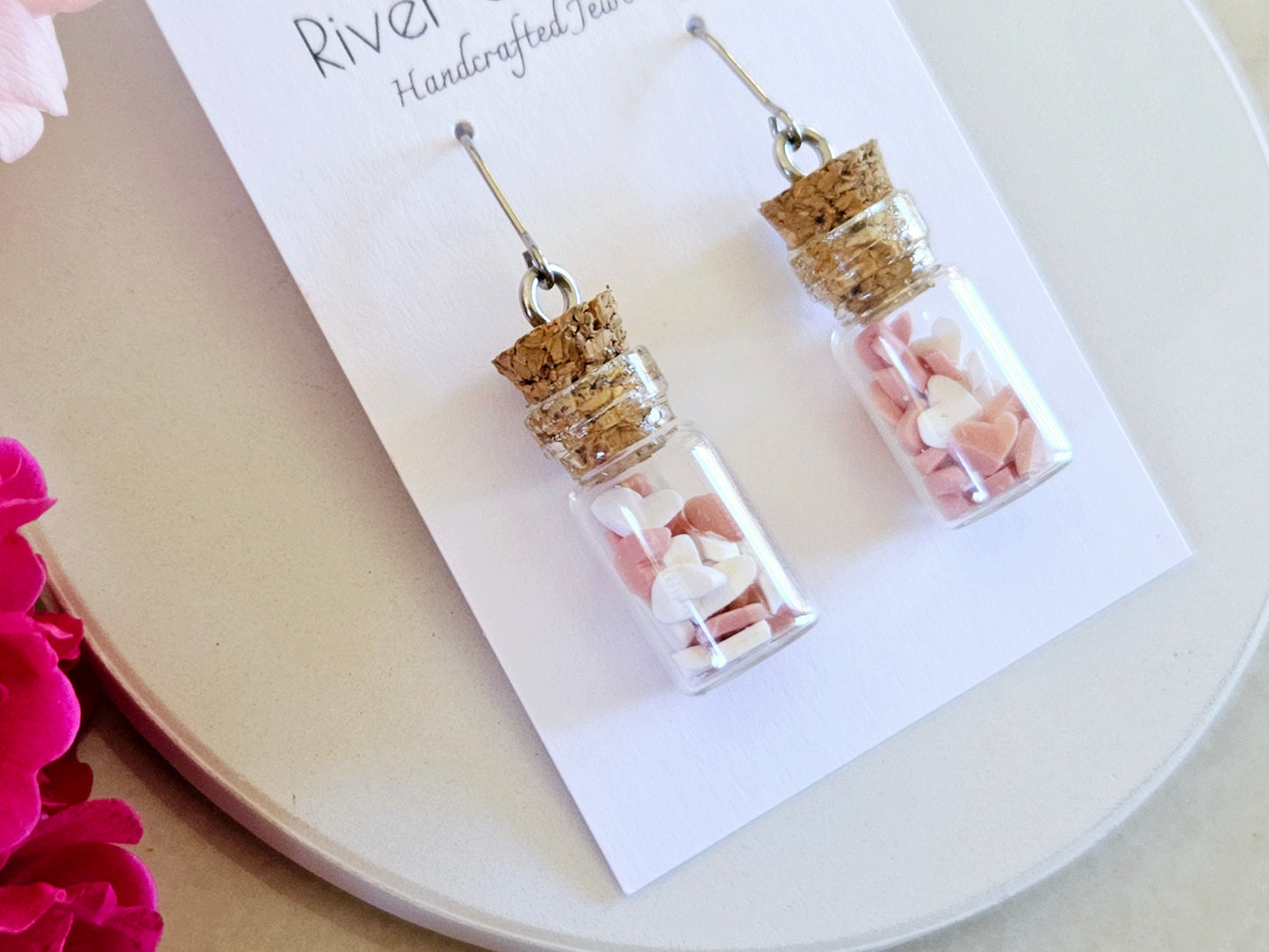 Hearts Collection Pink and White Candy Heart Jar Earrings