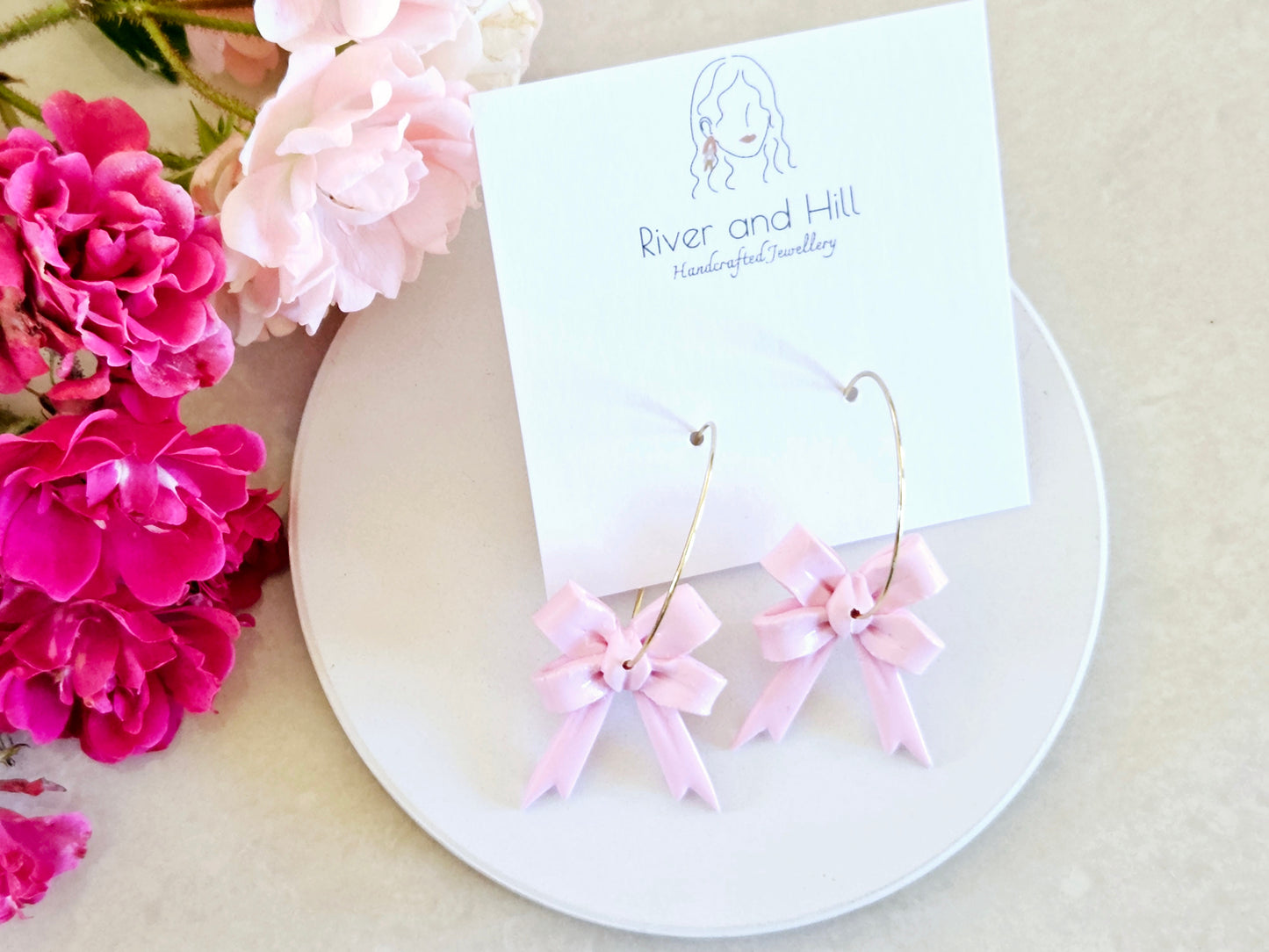 Hearts Collection Pink Bow Hoops