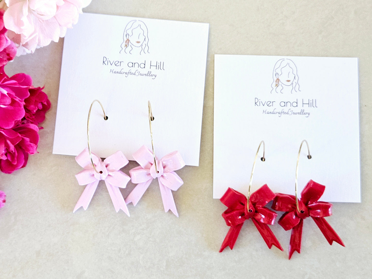 Hearts Collection Pink Bow Hoops