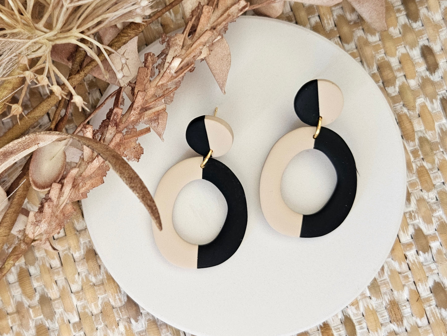 Classic Clay Abstract Black and Beige Earrings