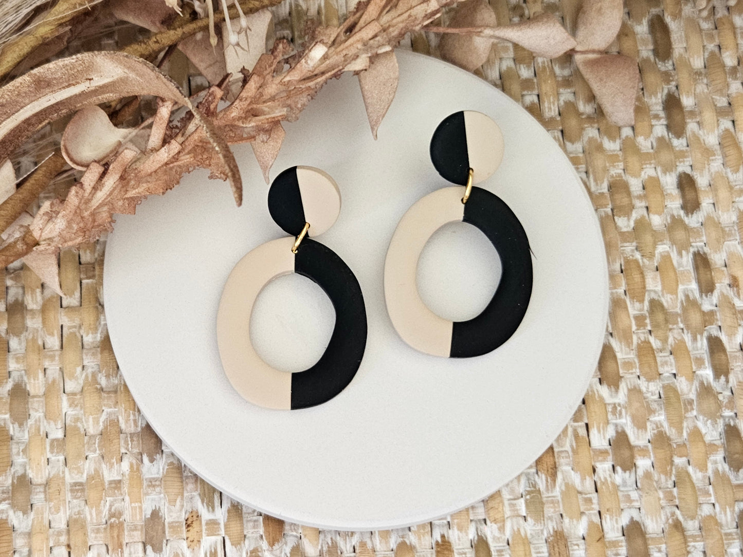 Classic Clay Abstract Black and Beige Earrings