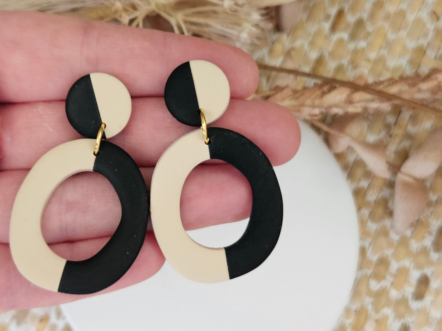 Classic Clay Abstract Black and Beige Earrings