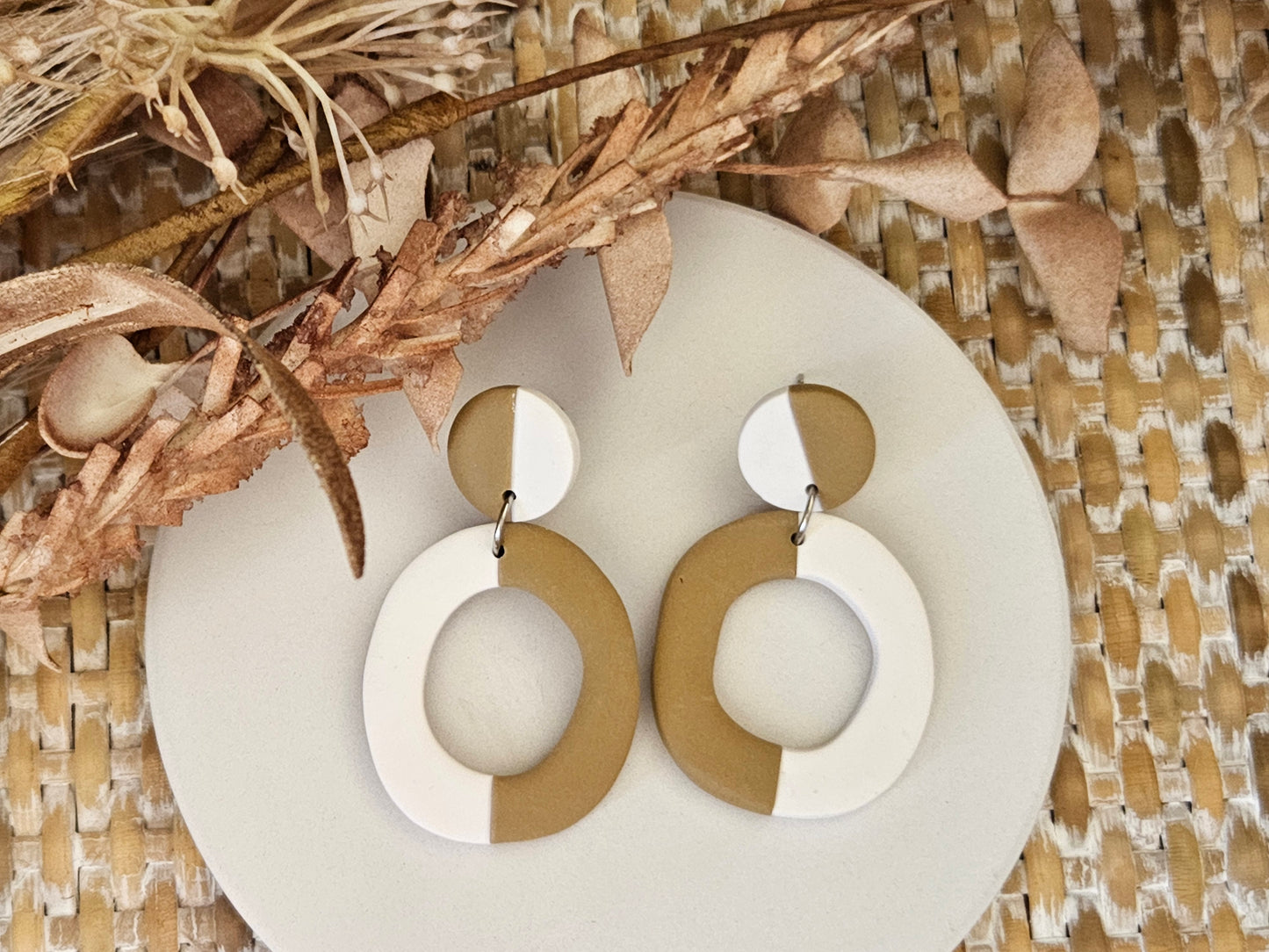 Classic Clay Abstract White and Latte Earrings