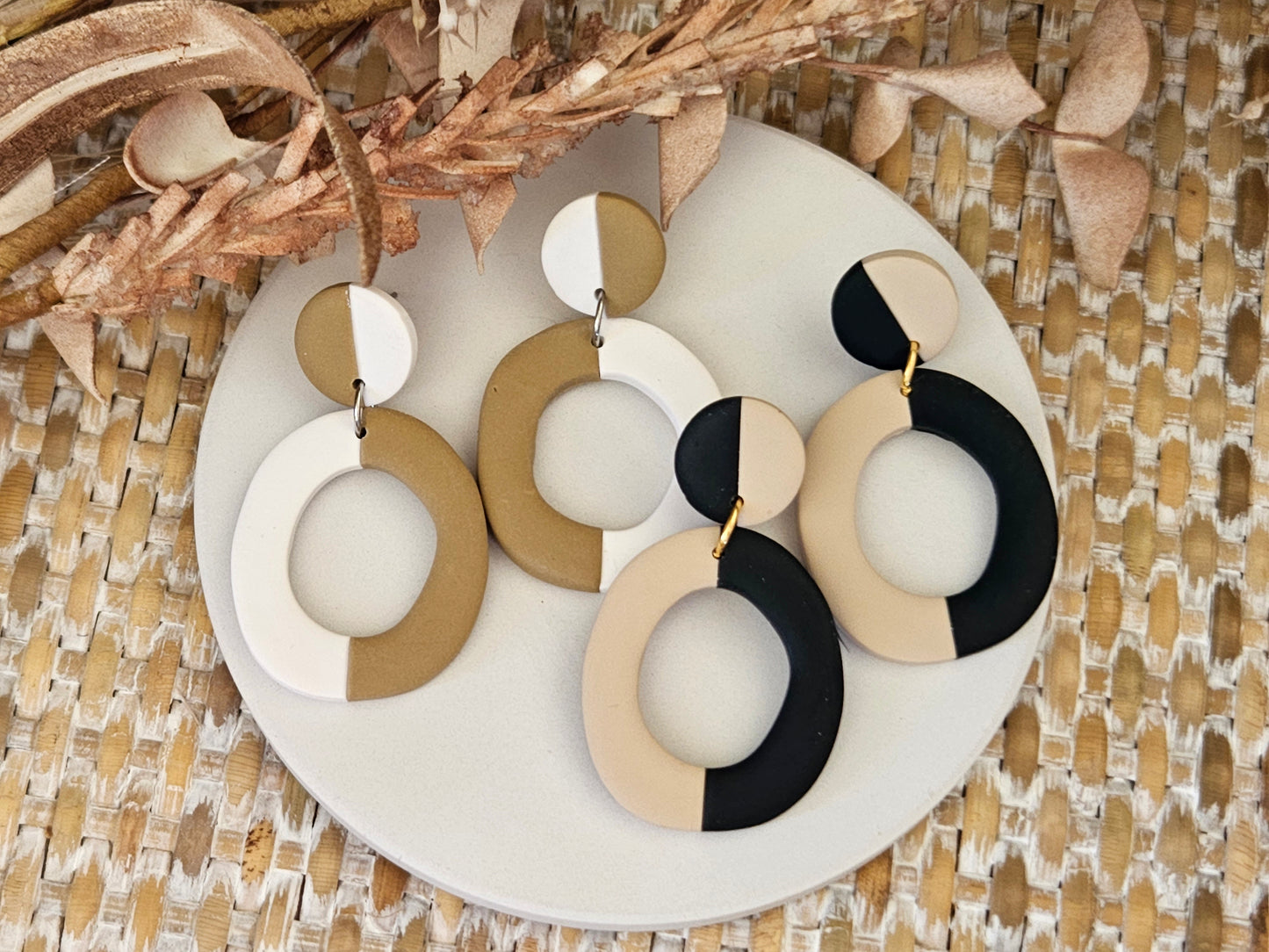 Classic Clay Abstract Black and Beige Earrings