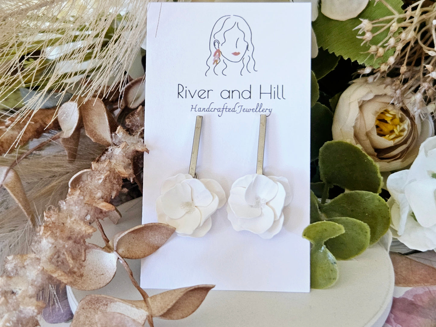 Floral Bloom White Bar Earrings