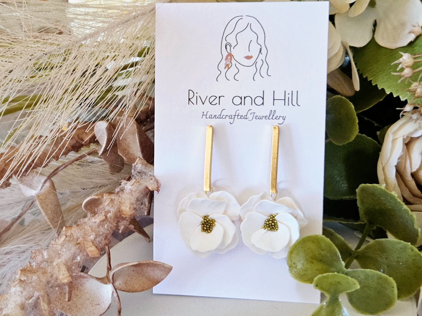 Floral Bloom White and Gold Bar Earrings