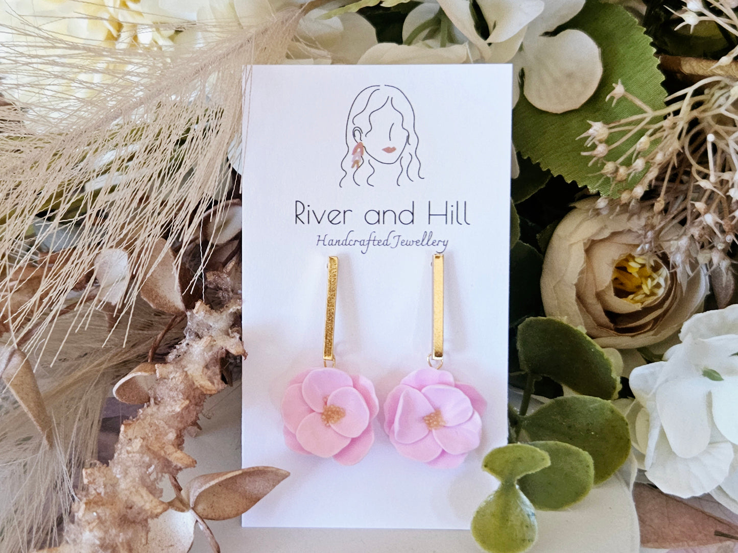 Floral Bloom Pink Bar Earrings