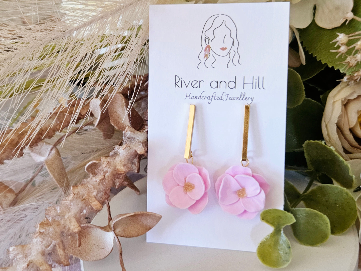 Floral Bloom Pink Bar Earrings