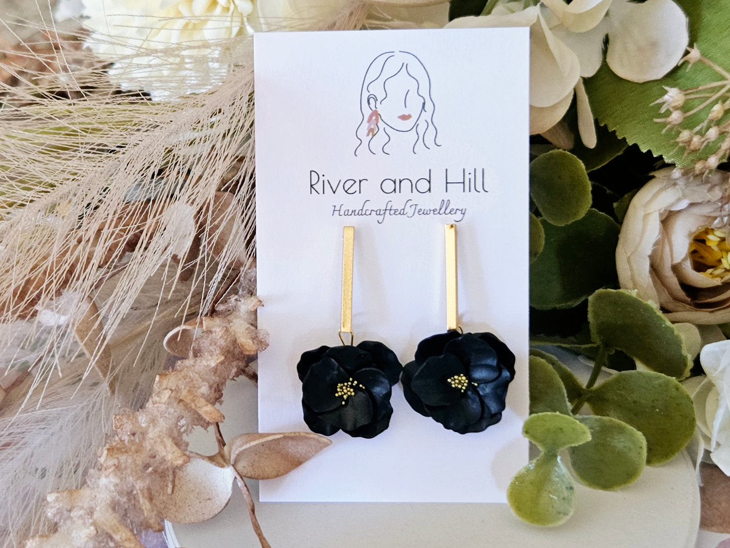 Floral Bloom Black and Gold Bar Earrings